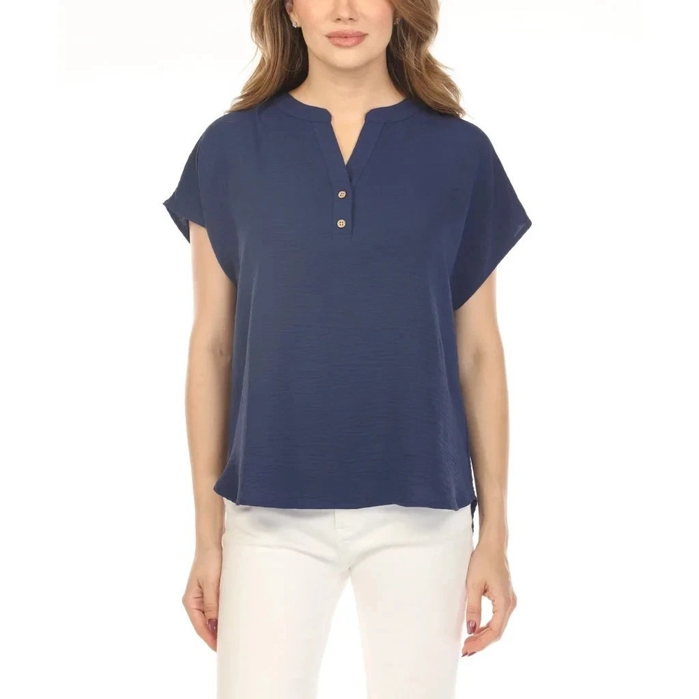 Wrapper Womens Airflow Top Navy Blue V-Neck Henley Blouse AMT1086-A72 Size 2XL